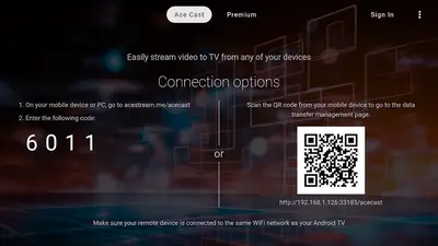 Ace Cast connection options screen in Ace Stream showing a four digit code and a QR code for linking a TV Ace Cast connection options screen in Ace Stream showing a four digit code and a QR code for linking a TV