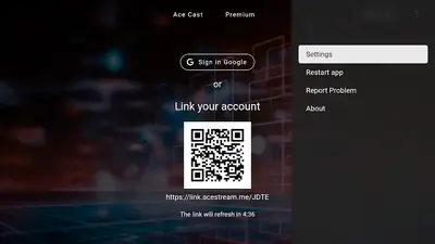 Ace Stream with the side menu open showing Settings, Restart app, Report Problem and About options Ace Stream with the side menu open showing Settings, Restart app, Report Problem and About options