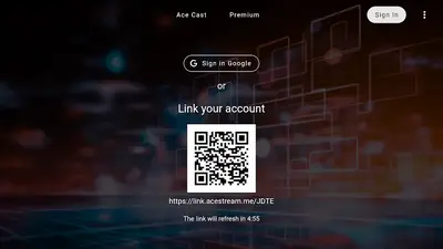 The Link your account screen in Ace Stream with Sign in Google and a QR code for device linking The Link your account screen in Ace Stream with Sign in Google and a QR code for device linking